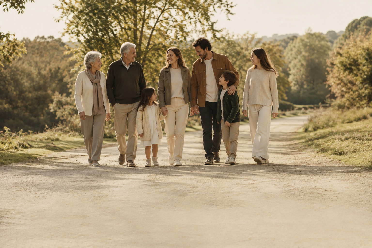 Three generations on an evening walk