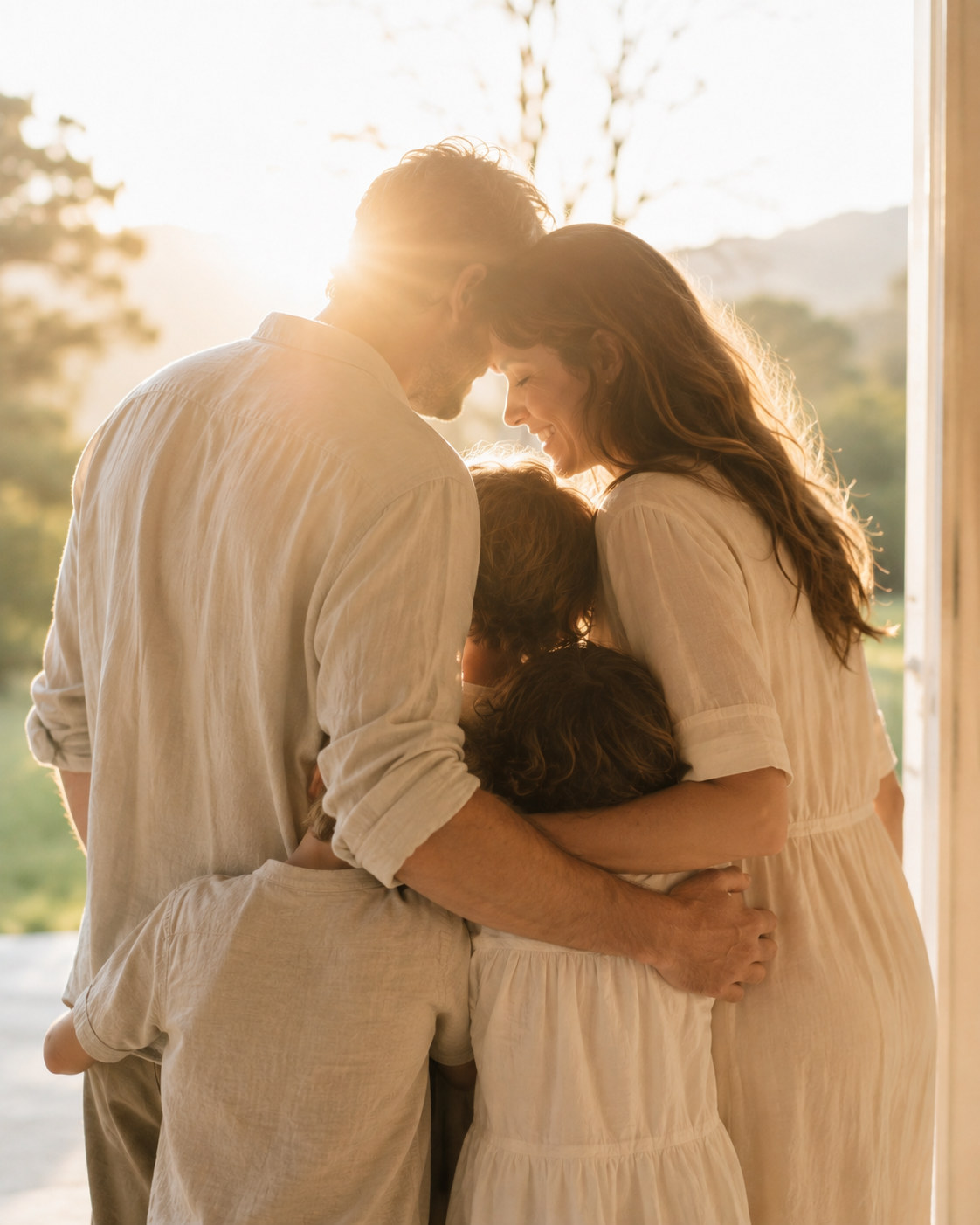 A family together, backlit