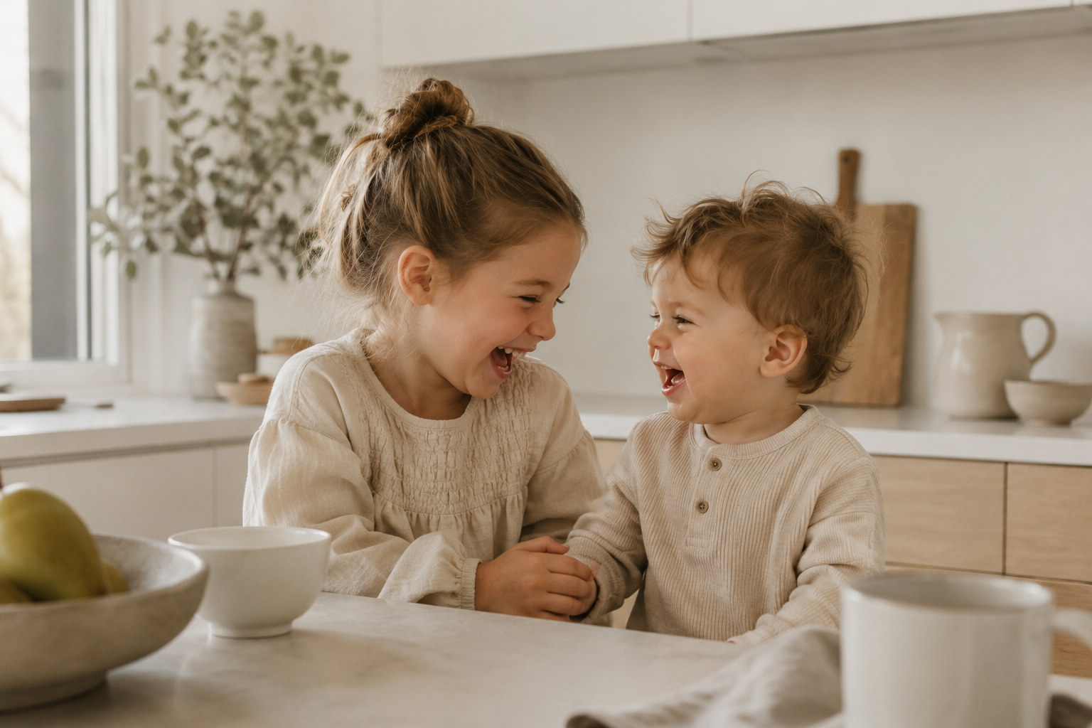 Two children in the kitchen, morning